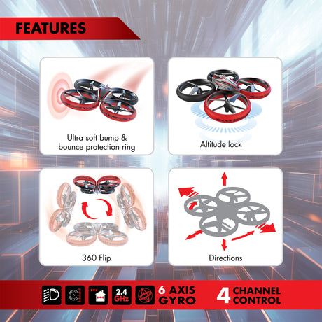 Drone Télécommandé - FLYBOTIC - Bumper Drone Lit - 17 cm - rouge et noir - des 8 ans