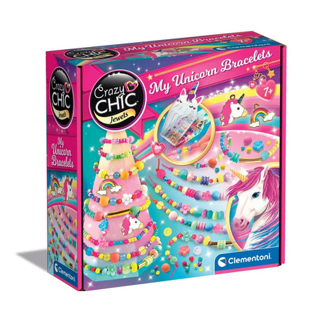 Clementoni - Crazy Chic - Coffret créatif Licorne - Créer tes bracelets en perles colorés avec charms et pompoms - Dés 7ans