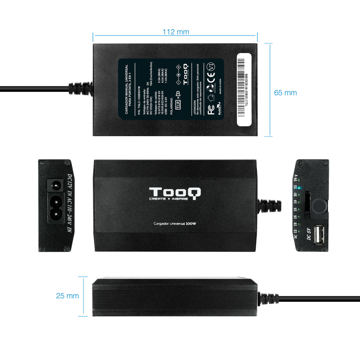 Chargeur universel TooQ 100W - 12 embouts (Noir)