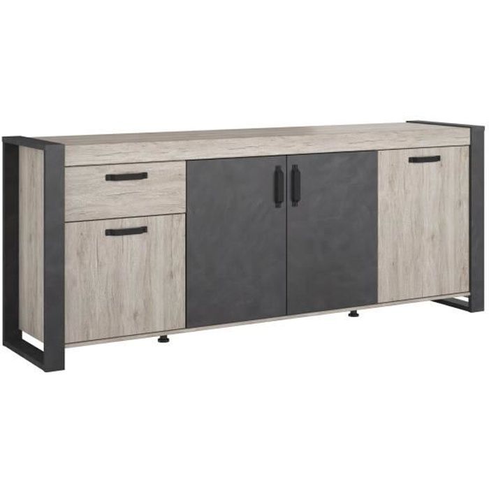 Buffet enfilade CESAR - Décor chene beige grisé et noir - 1 Tiroir et 4 Portes - L 217,8 x P 49,8 x H 86,7 cm - PARISOT