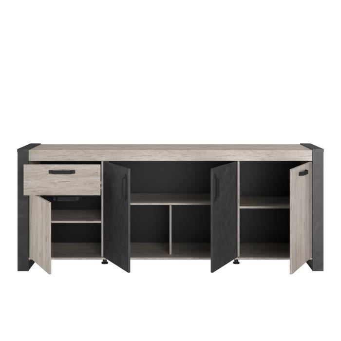 Buffet enfilade CESAR - DÈcor chene beige grisÈ et noir - 1 Tiroir et 4 Portes - L 217,8 x P 49,8 x H 86,7 cm - PARISOT