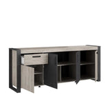 Buffet enfilade CESAR - DÈcor chene beige grisÈ et noir - 1 Tiroir et 4 Portes - L 217,8 x P 49,8 x H 86,7 cm - PARISOT