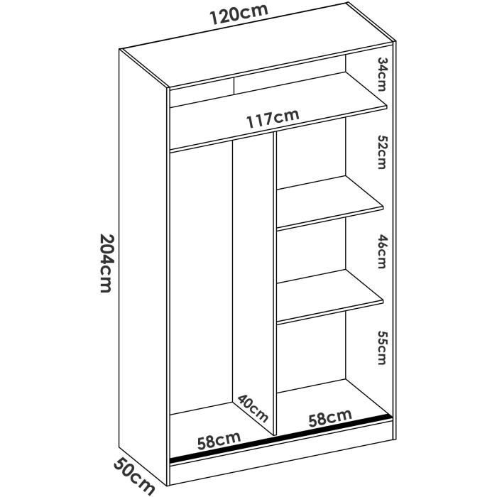Armoire de chambre - Blanc - 2 portes coulissantes - L120 x P50 x H204 cm