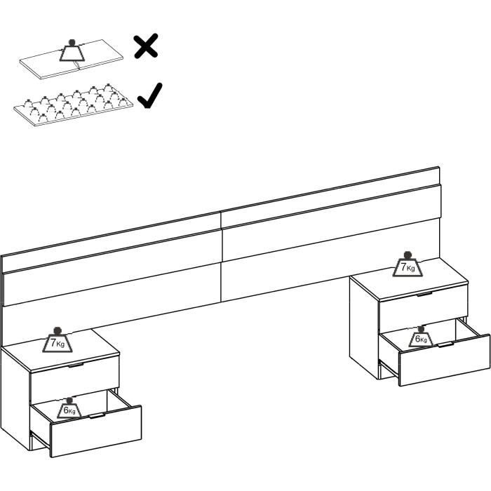 Tete de lit avec 2 tables de chevet a 2 tiroirs - Lamelles / Blanc - 248 x 34,2 x 96 cm
