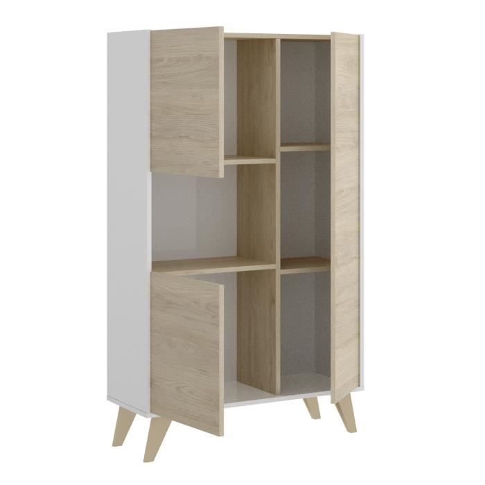 Buffet haut 3 portes - DÈcor Chene et blanc - NESS - L 81 x P 43 x H 135 cm