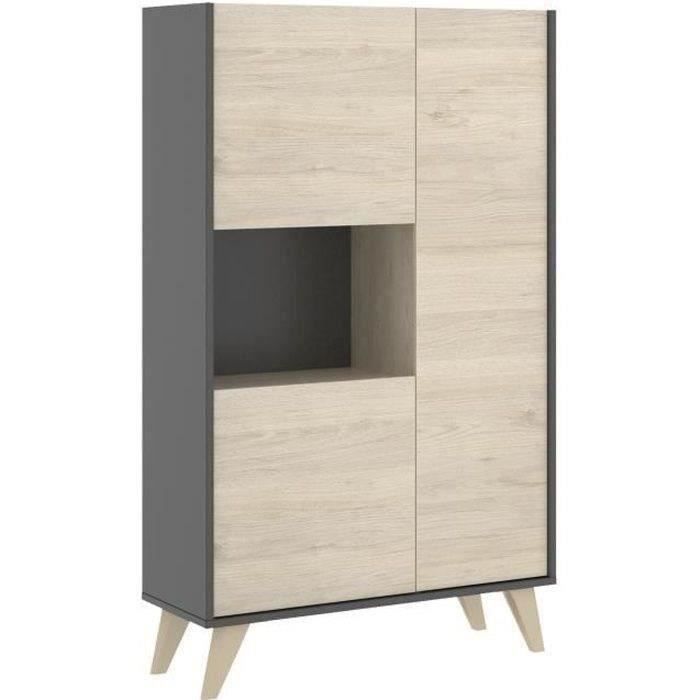 Buffet haut - Décor graphite et Chene - 3 portes + 1 niche - NESS - L 81 x P 43 x H 135 cm