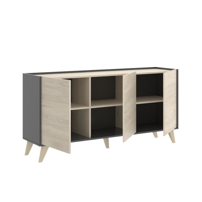 Buffet - Panneaux de particule - Bois clair et graphite - 3 portes - Ness - L 155 x P 43 x H 75 cm