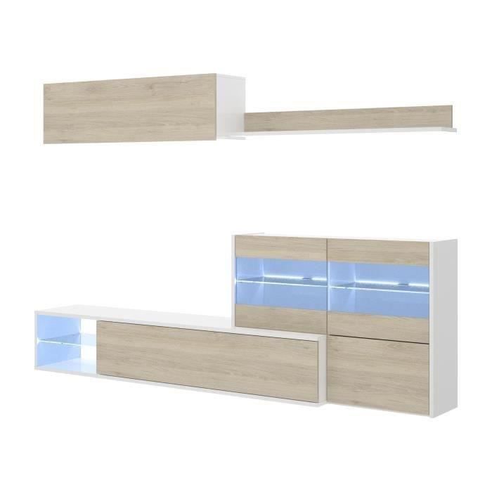 Ensemble meuble sÈjour living avec vitrine LED - DÈcor chene et blanc - L 260 x P 41 x H 180 cm - UMA