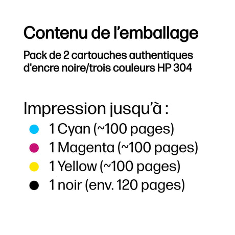 HP 304 Pack de 2 cartouches d'encre noire et trois couleurs authentiques (3JB05AE) pour DeskJet 2620/2630/3720/3730, Envy 5020/5030