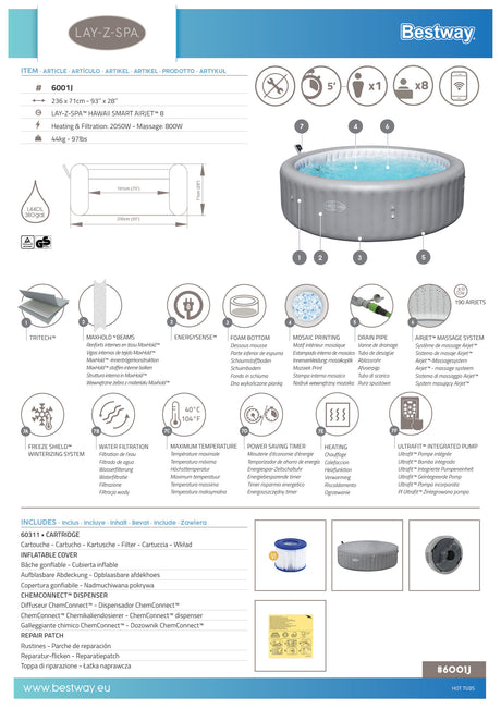 Spa gonflable BESTWAY - Lay-Z-Spa Hawaii - 236 x 71 cm - 4 a 8 places - Rond (Livré avec couverture, cartouche et diffuseur)