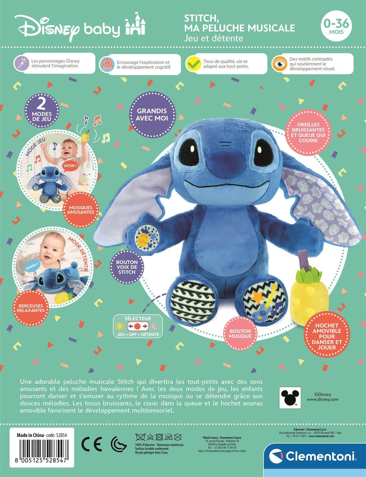 Peluche Musicale - CLEMENTONI - Stitch - Ultra Douce - Berceuses - 12 Mois+