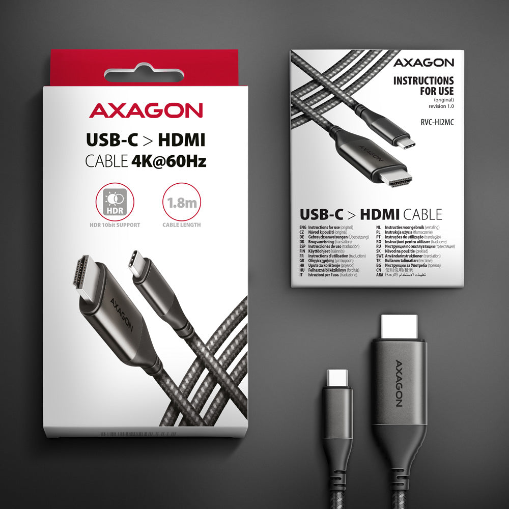 Câble Adaptateur Axagon USB-C vers HDMI 2.0a 1,8m MM (Noir)