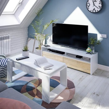Meuble TV - KIOTO - Blanc Artik / Chene Canadien - 2 portes - 2 niches - 130 x 42 x 36 cm