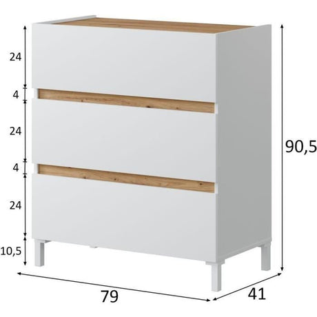Commode 3 tiroirs - Décor chene et blanc - Finition satinée - L79 x P41 x H90 cm - TEMPUS