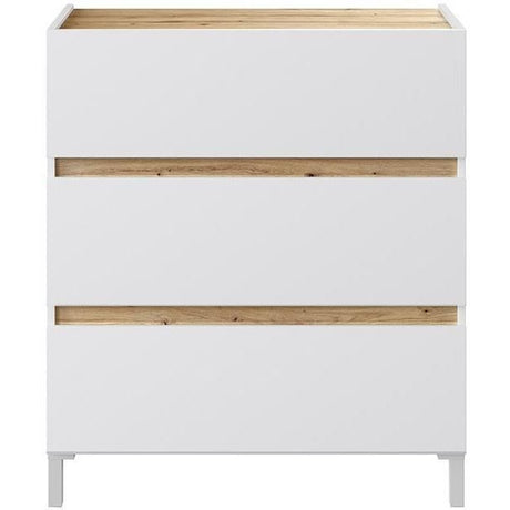 Commode 3 tiroirs - Décor chene et blanc - Finition satinée - L79 x P41 x H90 cm - TEMPUS