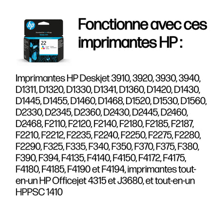 HP 22 Cartouche d'encre trois couleurs authentique (C9352AE) pour HP DeskJet F380/D1530/D2460/F2180/F4100, OfficeJet 4300/5600