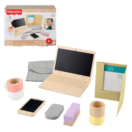 FISHER-PRICE Set de télétravail en Bois, 9 éléments avec ordinateur portable et téléphone en bois HXV11