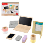 FISHER-PRICE Set de télétravail en Bois, 9 éléments avec ordinateur portable et téléphone en bois HXV11