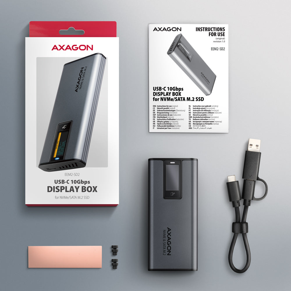 Boitier externe USB-C 3.2 Axagon EEM2-SD2 - S-ATA/NVMe M.2 Type 2280 (Noir)