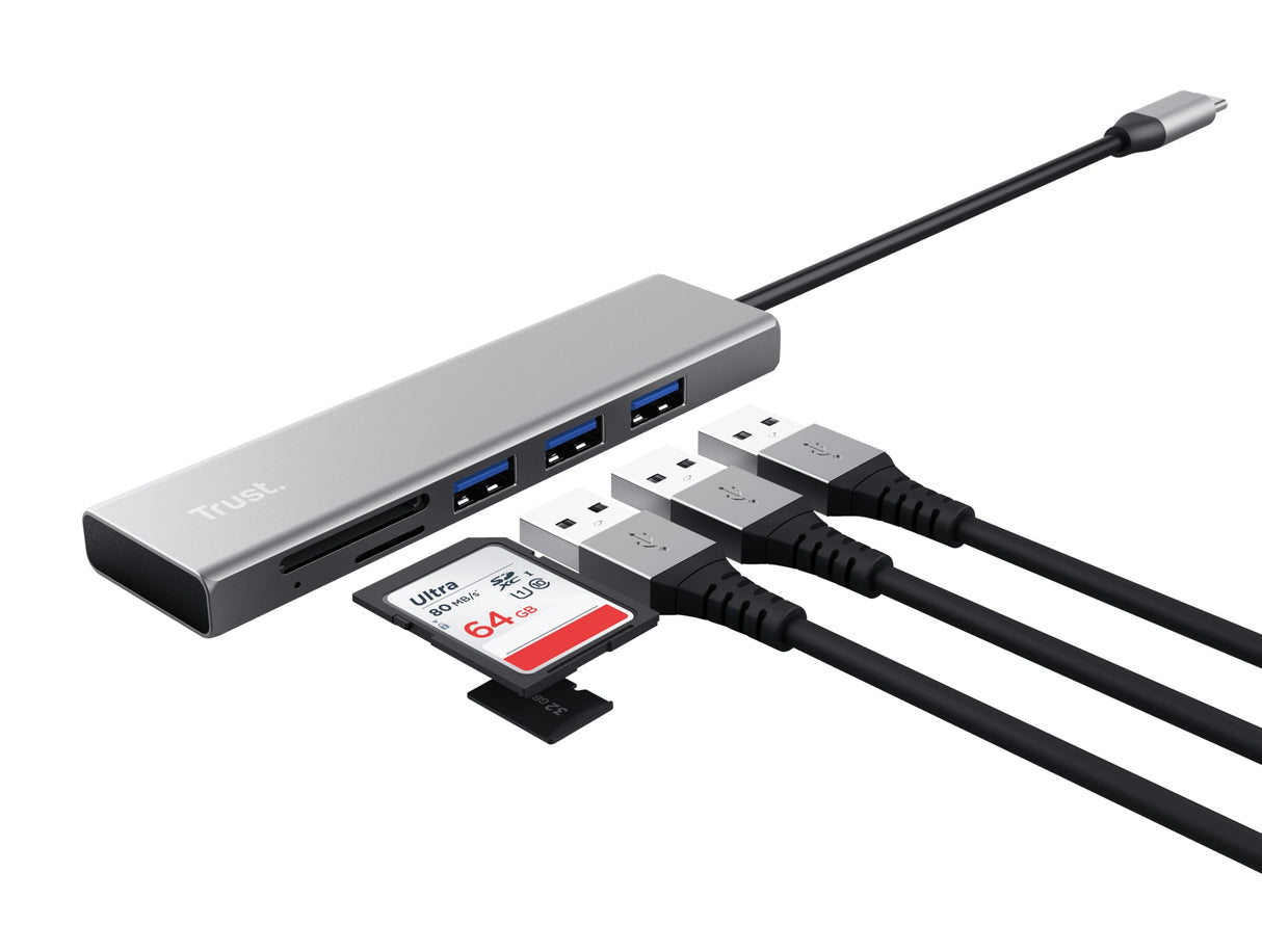 Hub USB-C 3.2 Trust Halyx - 3 ports USB-A + lecteur de cartes (Argent)
