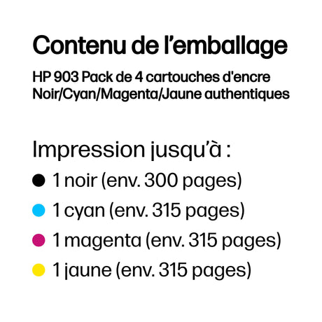 HP 903 Pack de 4 cartouches d'encre noire, cyan, jaune et magenta authentiques (6ZC73AE) pour HP OfficeJet / OfficeJet Pro 6900