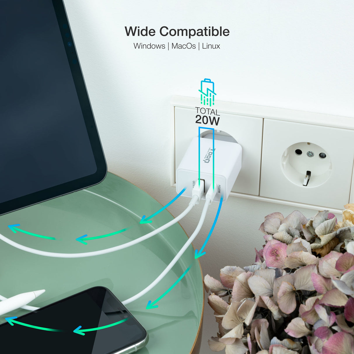 Chargeur secteur TooQ TQWC-2SC04 1x port USB-A + 1x port USB-C 20W (Blanc)