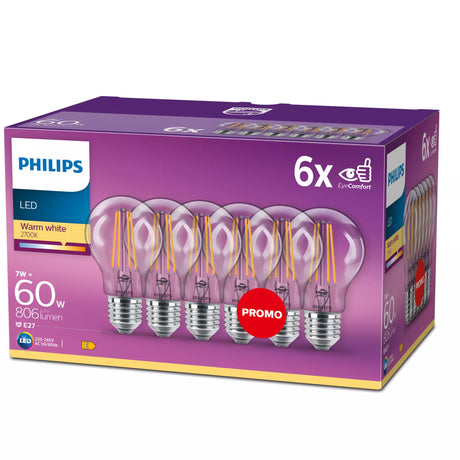 Philips, pack de 6 ampoules E27 LED transparentes 60W, blanc chaud