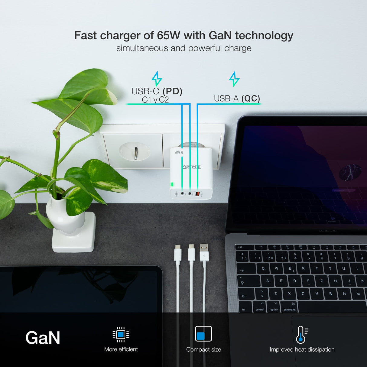 Chargeur secteur TooQ 1x port USB-A + 2x ports USB-C 65W (Blanc)