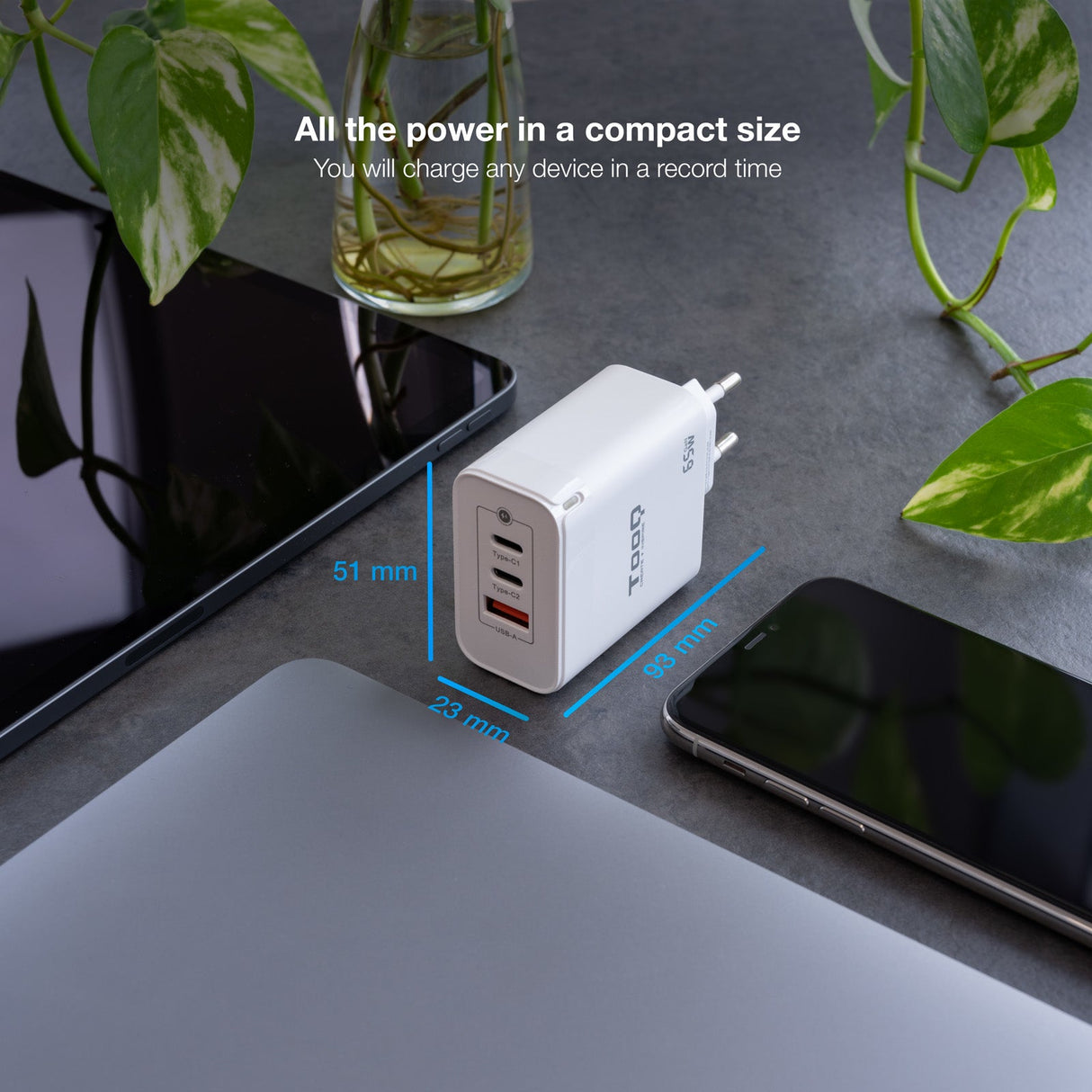 Chargeur secteur TooQ 1x port USB-A + 2x ports USB-C 65W (Blanc)