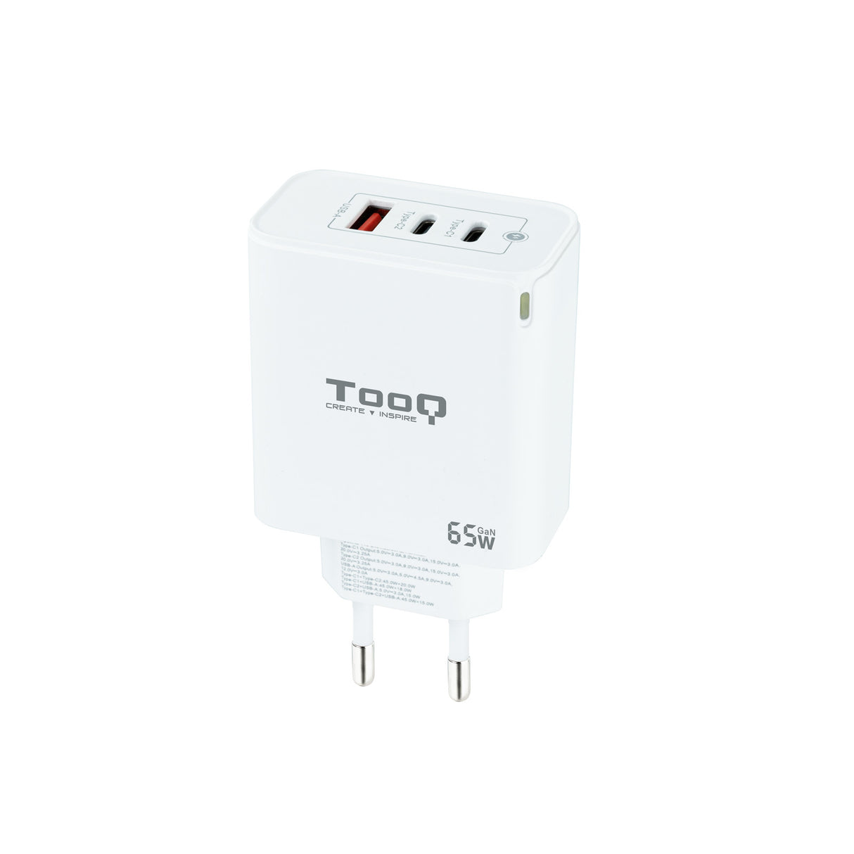 Chargeur secteur TooQ 1x port USB-A + 2x ports USB-C 65W (Blanc)