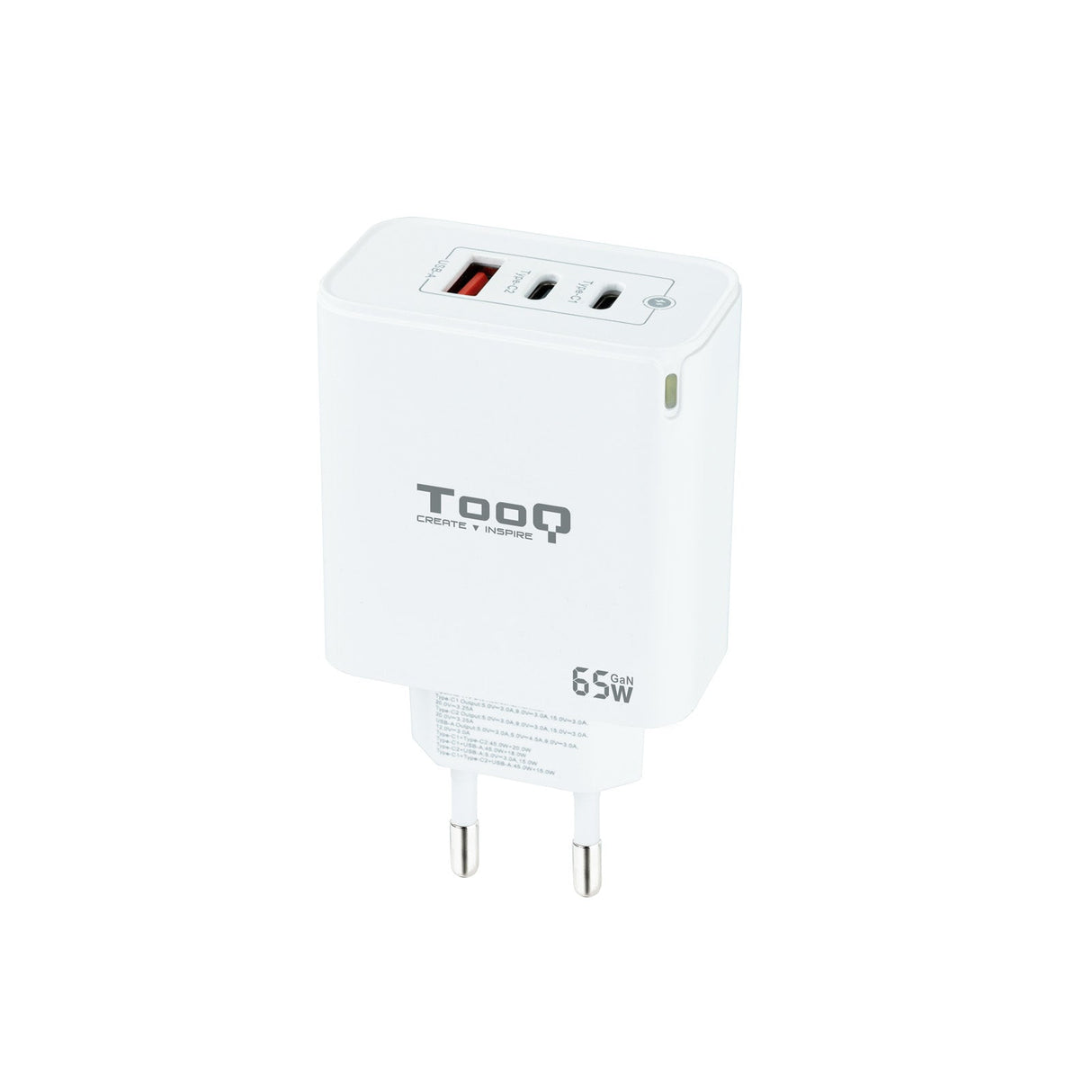 Chargeur secteur TooQ 1x port USB-A + 2x ports USB-C 65W (Blanc)