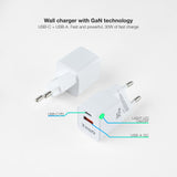 Chargeur Secteur Tooq TQWC-GANQCPD30WT  1x USB-A + 1x USB-C 30w (Blanc)