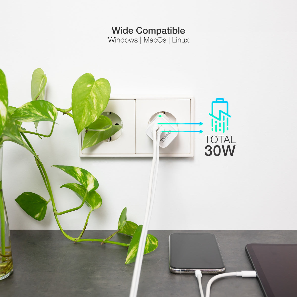 Chargeur Secteur Tooq TQWC-GANQCPD30WT  1x USB-A + 1x USB-C 30w (Blanc)