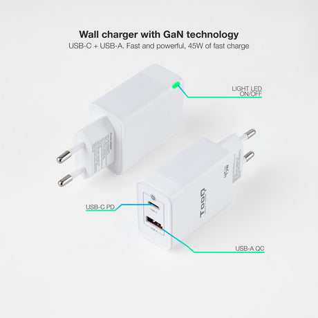 Chargeur secteur TooQ 1x port USB-A + 1x port USB-C 45W (Blanc)