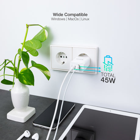 Chargeur secteur TooQ 1x port USB-A + 1x port USB-C 45W (Blanc)