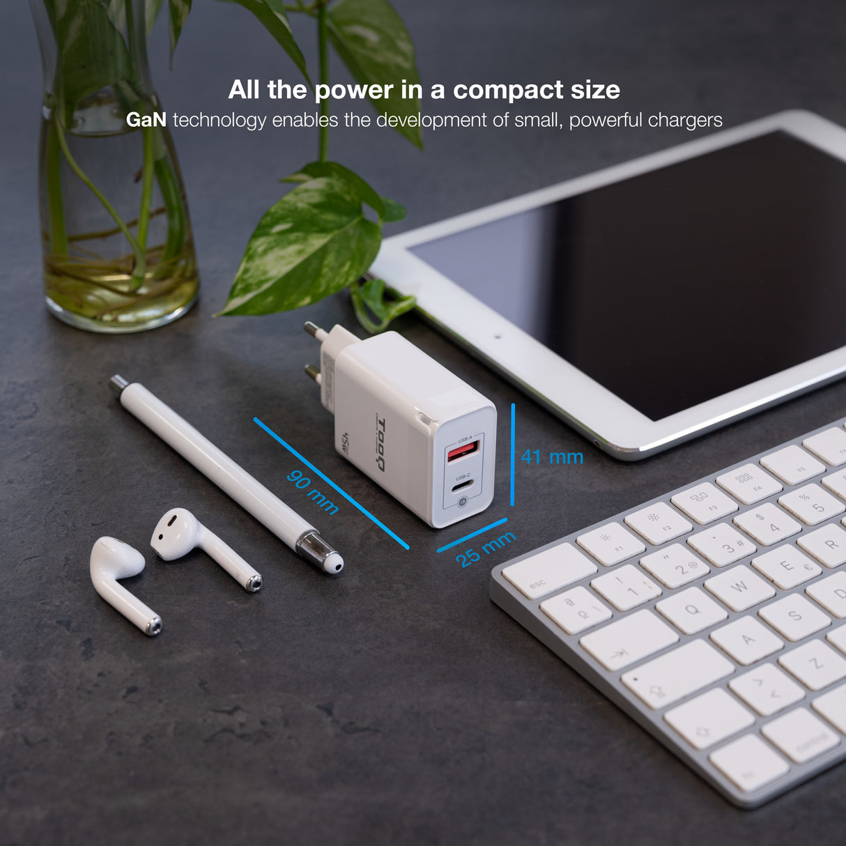 Chargeur secteur TooQ 1x port USB-A + 1x port USB-C 45W (Blanc)