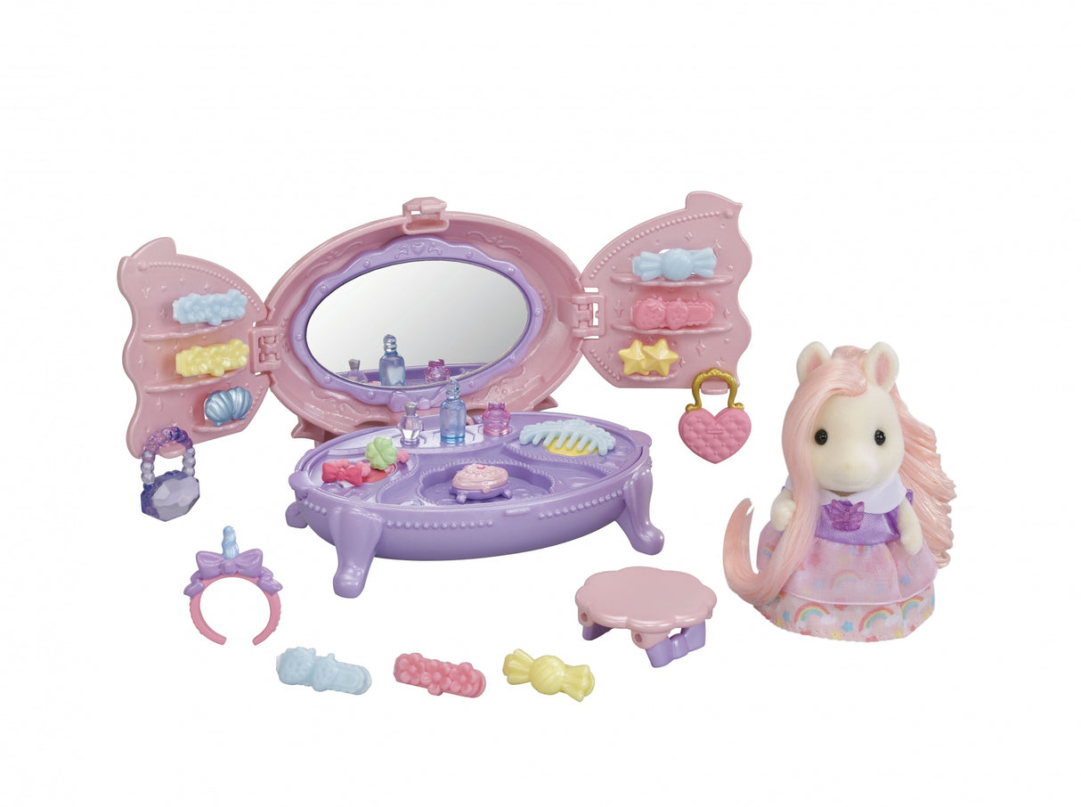 Coiffeuse Fille Poney - SYLVANIAN FAMILIES - Joy aux cheveux roses - Accessoires de coiffure inclus