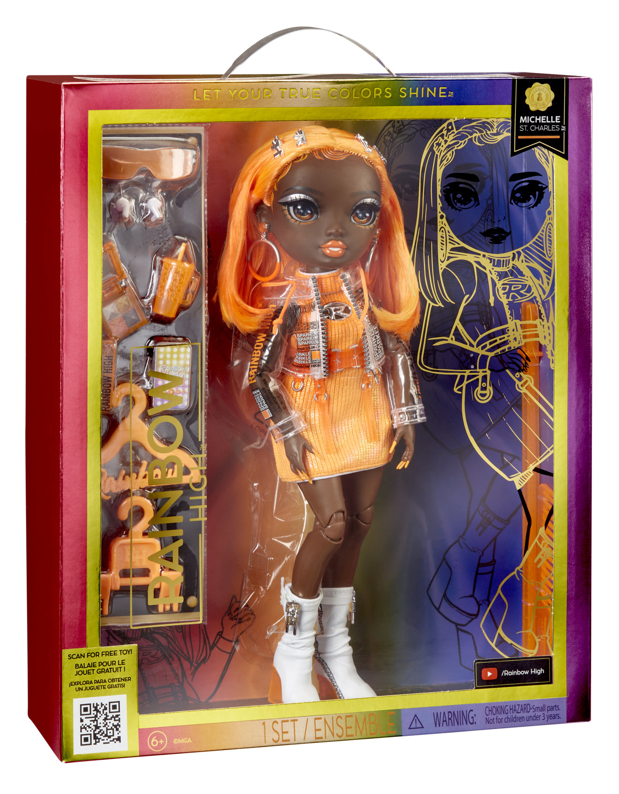 Rainbow High S23 Fashion Doll - Poupée 27 cm Michelle St Charles (Orange Fluo) - 1 tenue, 1 paire de chaussures et des accessoires