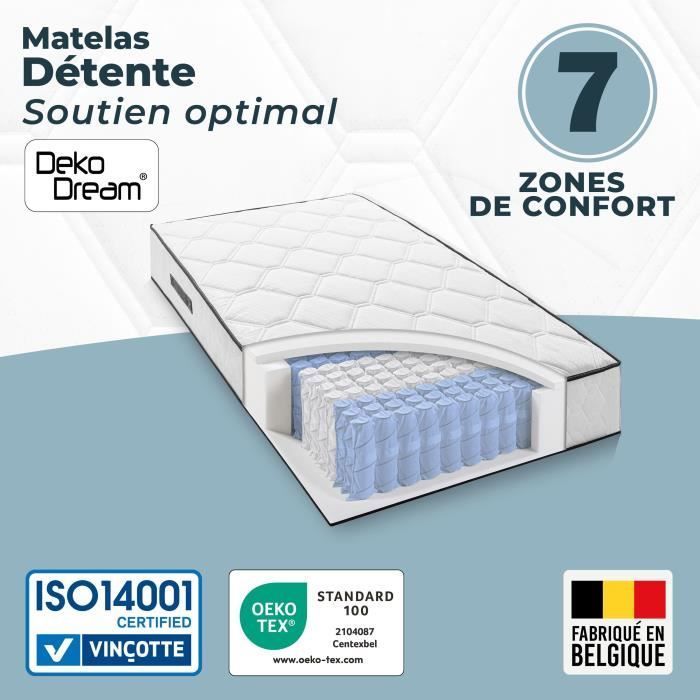 Matelas 90 x 190 cm - Hauteur 19 cm - 380 ressorts ensachés - 7 zones - Equilibré - réversible - fabriqué en Belgique