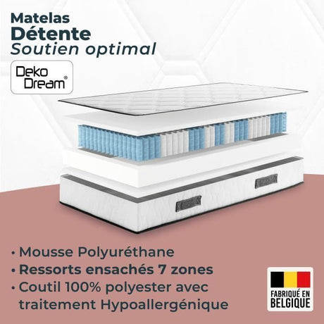 Matelas 90 x 200 cm - Hauteur 24 cm - 380 ressorts ensachés - 7 zones - Equilibré - réversible - fabriqué en Belgique