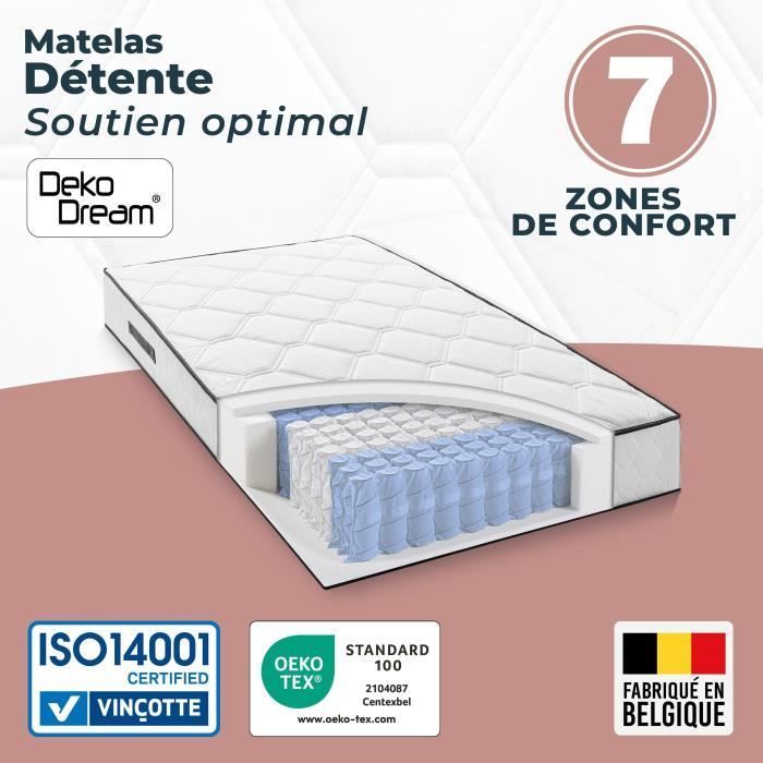Matelas 90 x 200 cm - Hauteur 24 cm - 380 ressorts ensachés - 7 zones - Equilibré - réversible - fabriqué en Belgique