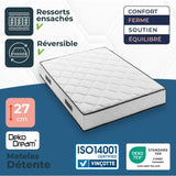 Matelas 140 x 190 cm - Hauteur 27 cm - 580 ressorts ensachés - 7 zones - Equilibré - réversible - fabriqué en Belgique - DEKO DREAM