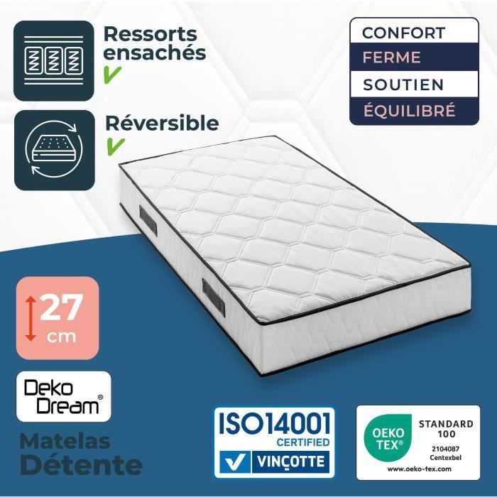 Matelas 90 x 190 cm - Hauteur 27 cm - 380 ressorts ensachés - 7 zones - Equilibré - réversible - fabriqué en Belgique - DEKO DREAM
