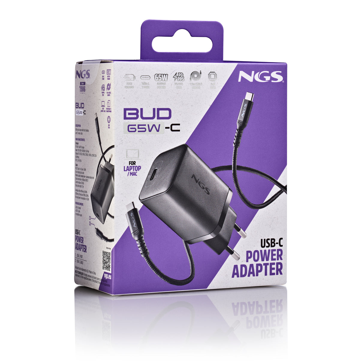 Chargeur secteur NGS Bud 1x USB-C 65W (Noir)