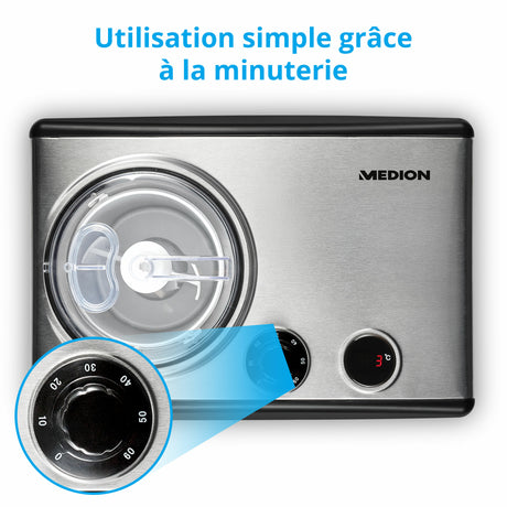 Sorbetiere Yaourtiere - MEDION MD18387 – 150W – de -18 a -35°C – 1,5L de glace – Écran LCD – Noir/Alu