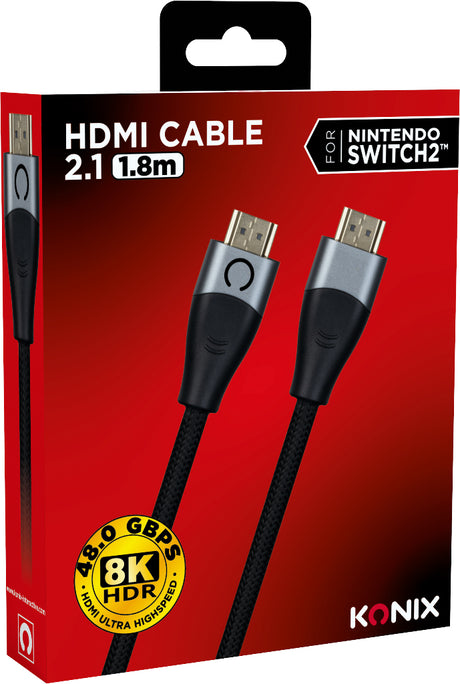 Câble HDMI 2.1 - KONIX - Nintendo Switch 2  - Compatibilité 4K et 8K - Nylon tressé - Longueur 1,8 m - Noir