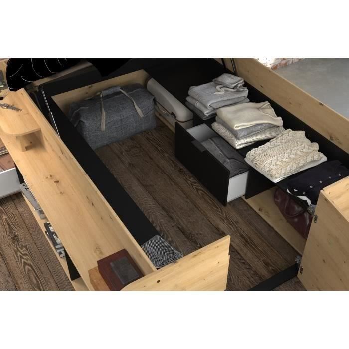 ODYSSEE Lit coffre adulte - 140x190 / 200 cm - Avec coffre relevable - Décor chene et noir - 166,2 x 66,5 x 205,8 cm