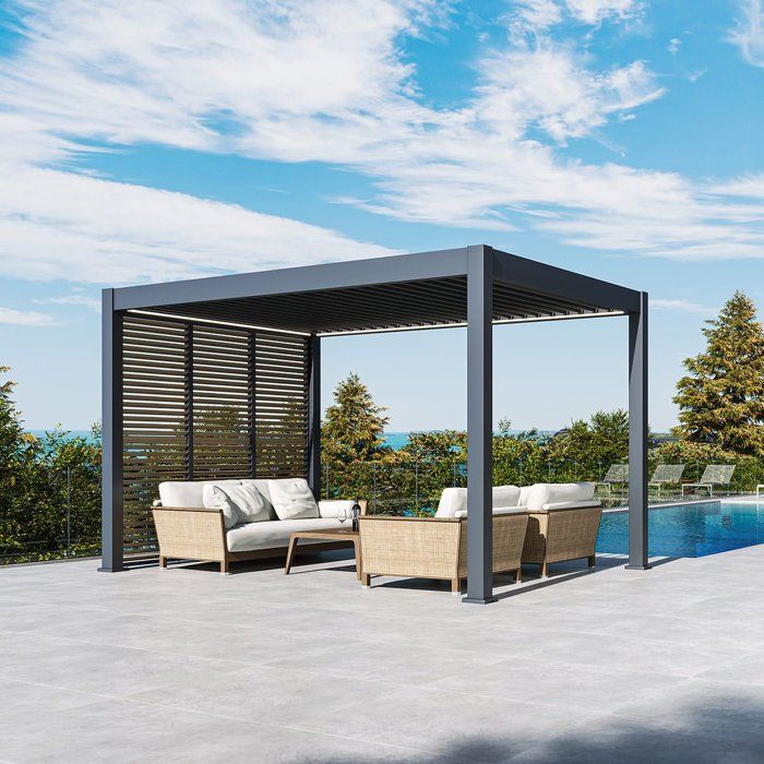 Panneau brise-vue - OMBREA - Ventelles horizontales mobiles - 1 m - Aluminium - Anthracite et ventelles finition bois