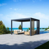 Panneau brise-vue - OMBREA - Ventelles horizontales mobiles - 1 m - Aluminium - Anthracite et ventelles finition bois