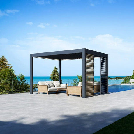 Panneau brise-vue - OMBREA - Ventelles horizontales mobiles - 1 m - Aluminium - Anthracite et ventelles finition bois
